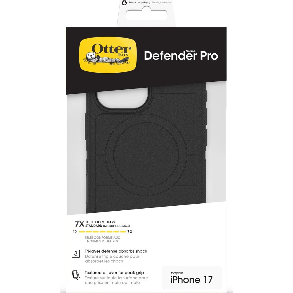 Zwarte OtterBox Defender Pro hoes voor iPhone 17, militair getest.