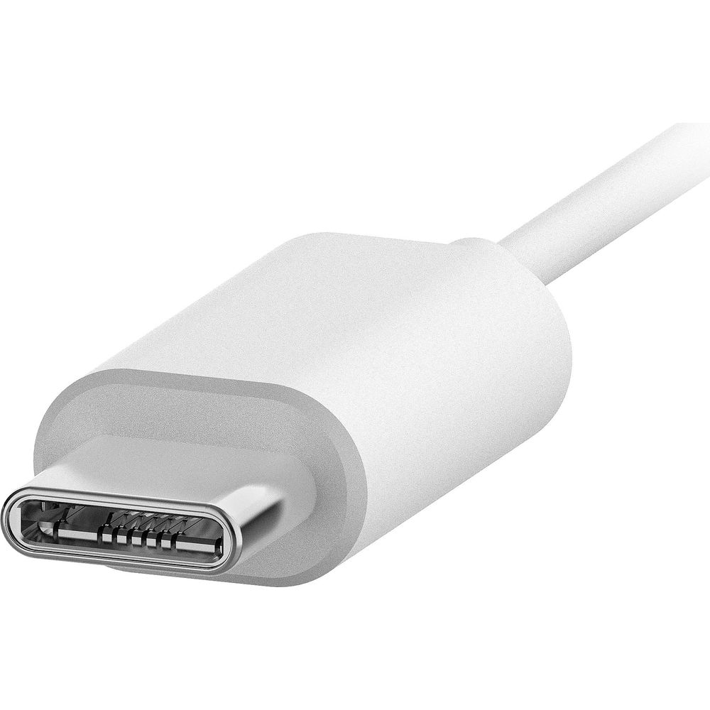 Biały kabel USB-C ze srebrnym złączem, zbliżenie.