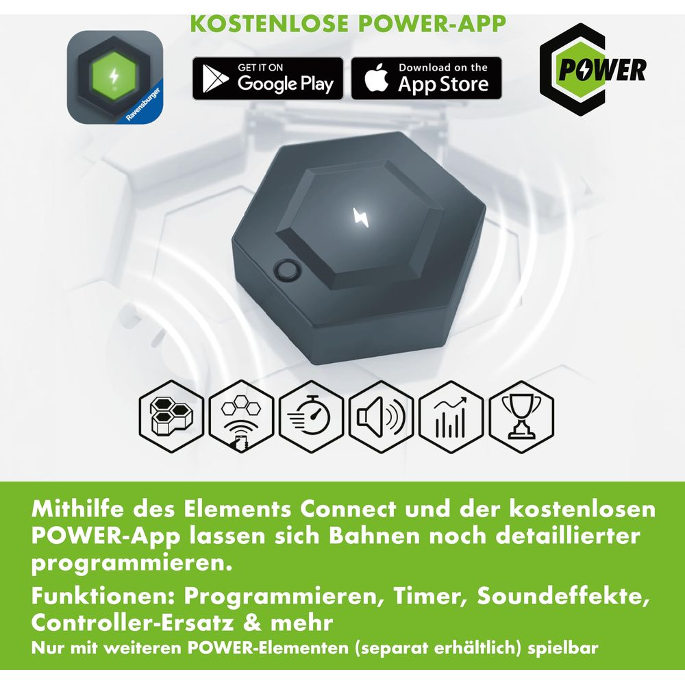 Una scatola esagonale nera con logo POWER, pulsanti App Store e icone.