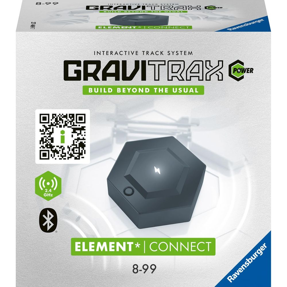 Scatola Gravitrax Power con modulo esagonale nero e codici QR.