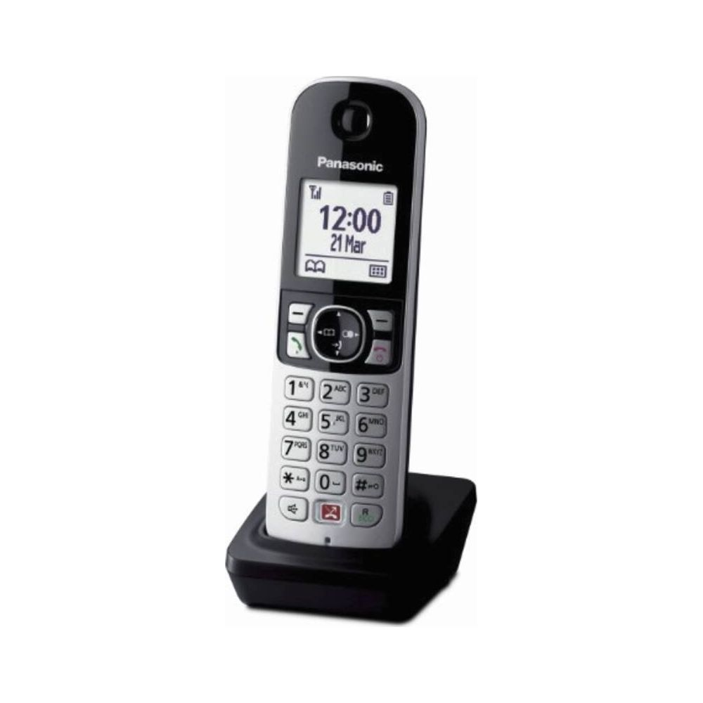Ein schnurloses Panasonic-Telefon mit Tastatur und Display auf einer Ladestation.