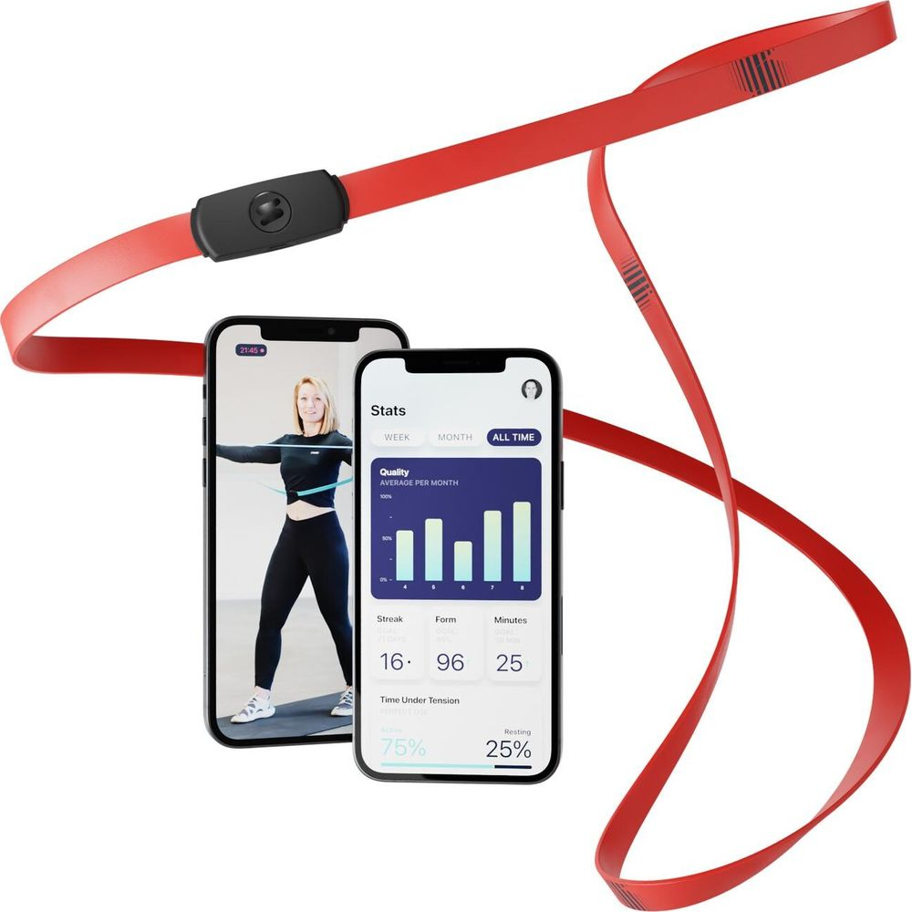 Bande de fitness rouge avec capteur de fréquence cardiaque sur deux téléphones affichant des statistiques.