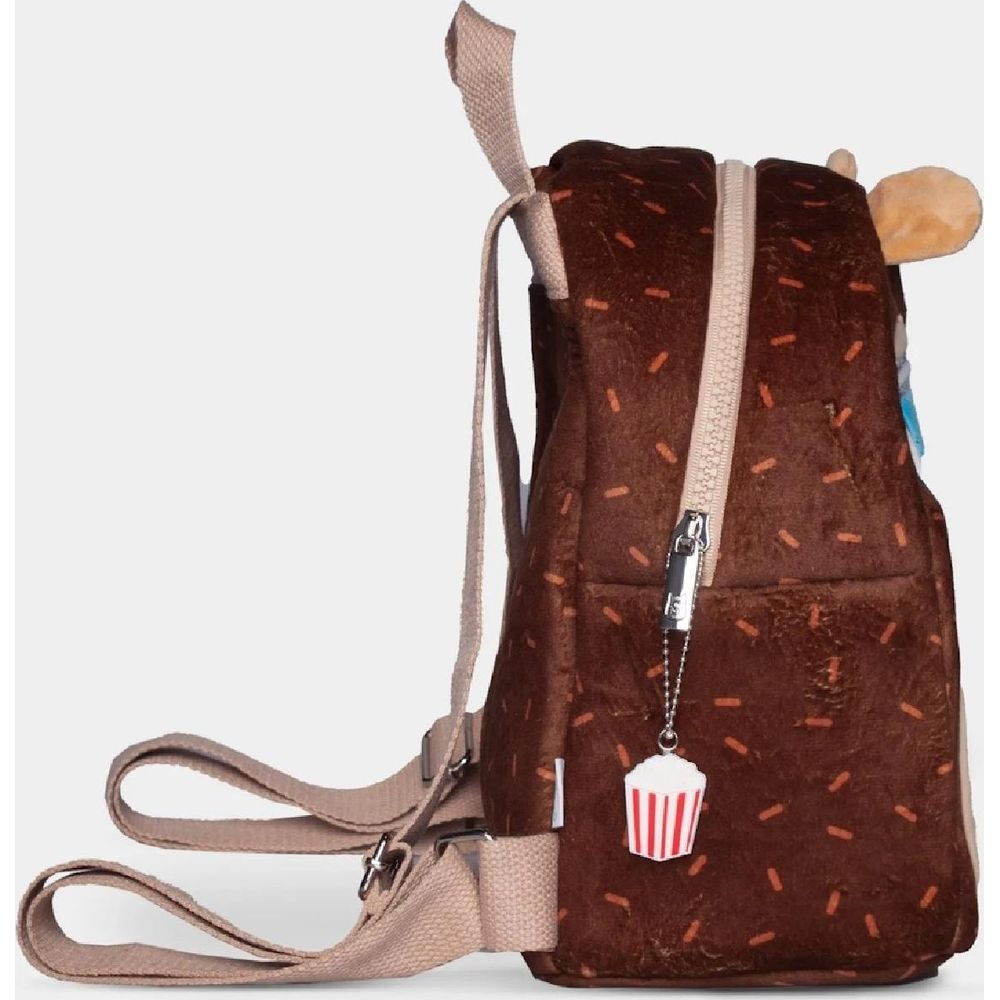 Brauner Rucksack mit Tupfenmuster und Popcorn-Anhänger.