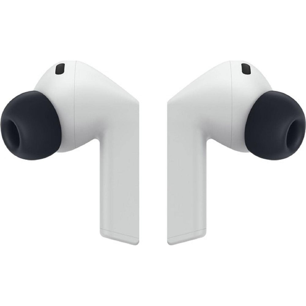 Twee witte oordopjes met zwarte tips op witte achtergrond.