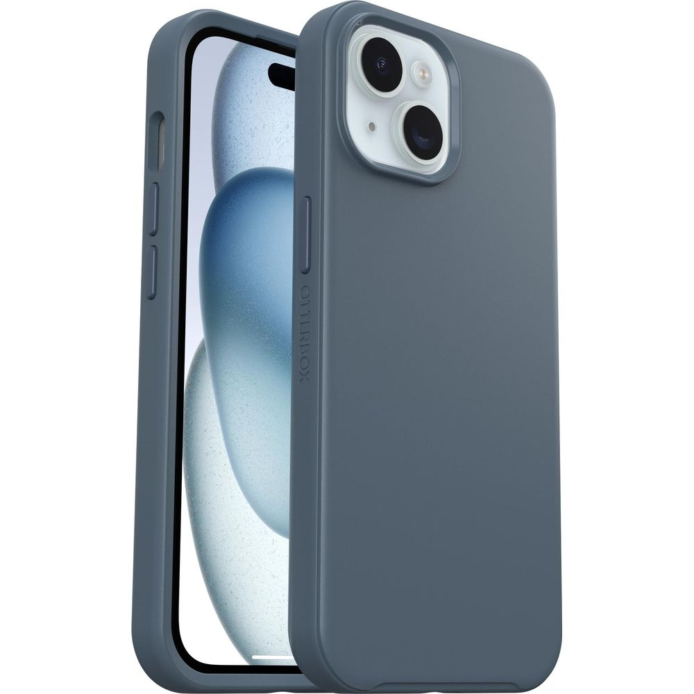 Coque grise avec double appareil photo sur fond blanc.