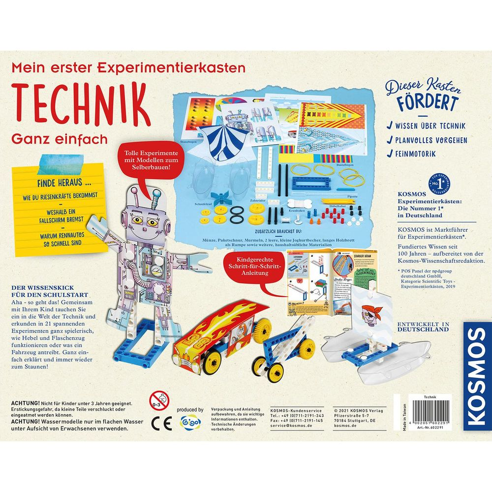 Experimentierkasten mit Roboter, Rennautos und Boot. Enthält Teile und Anleitung.