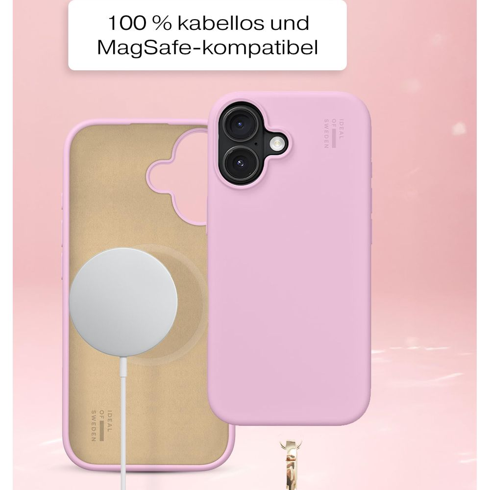 Ein rosa Handyhülle mit MagSafe-Ladegerät und Text.