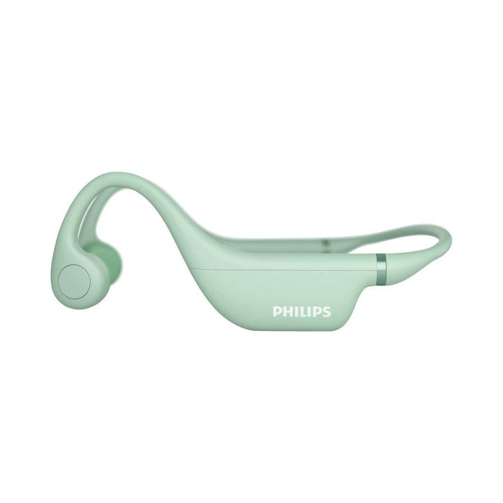 Un auricolare Philips verde chiaro con design a gancio sopra l'orecchio, su sfondo bianco.