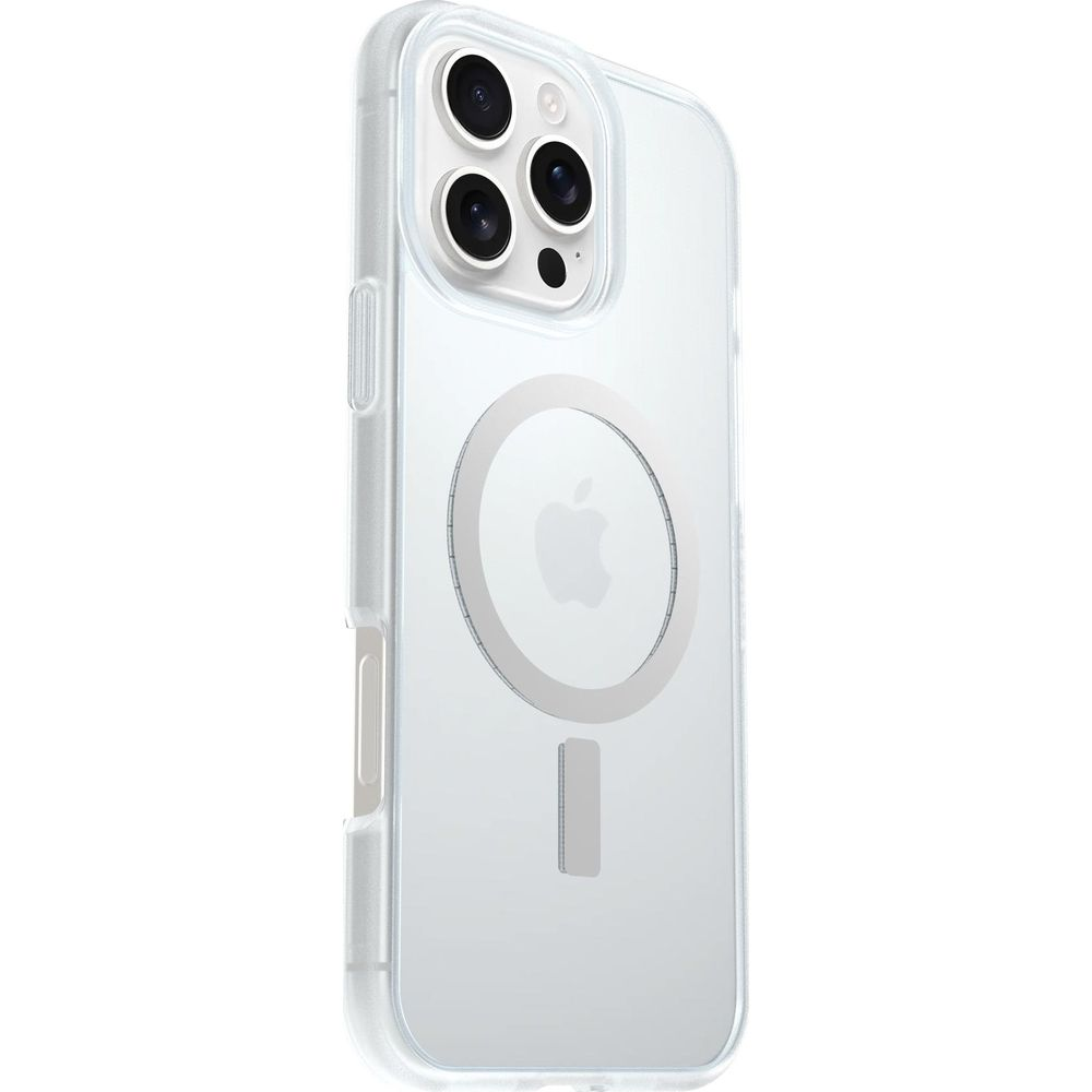 Coque de téléphone transparente avec logo Apple et anneau magnétique.