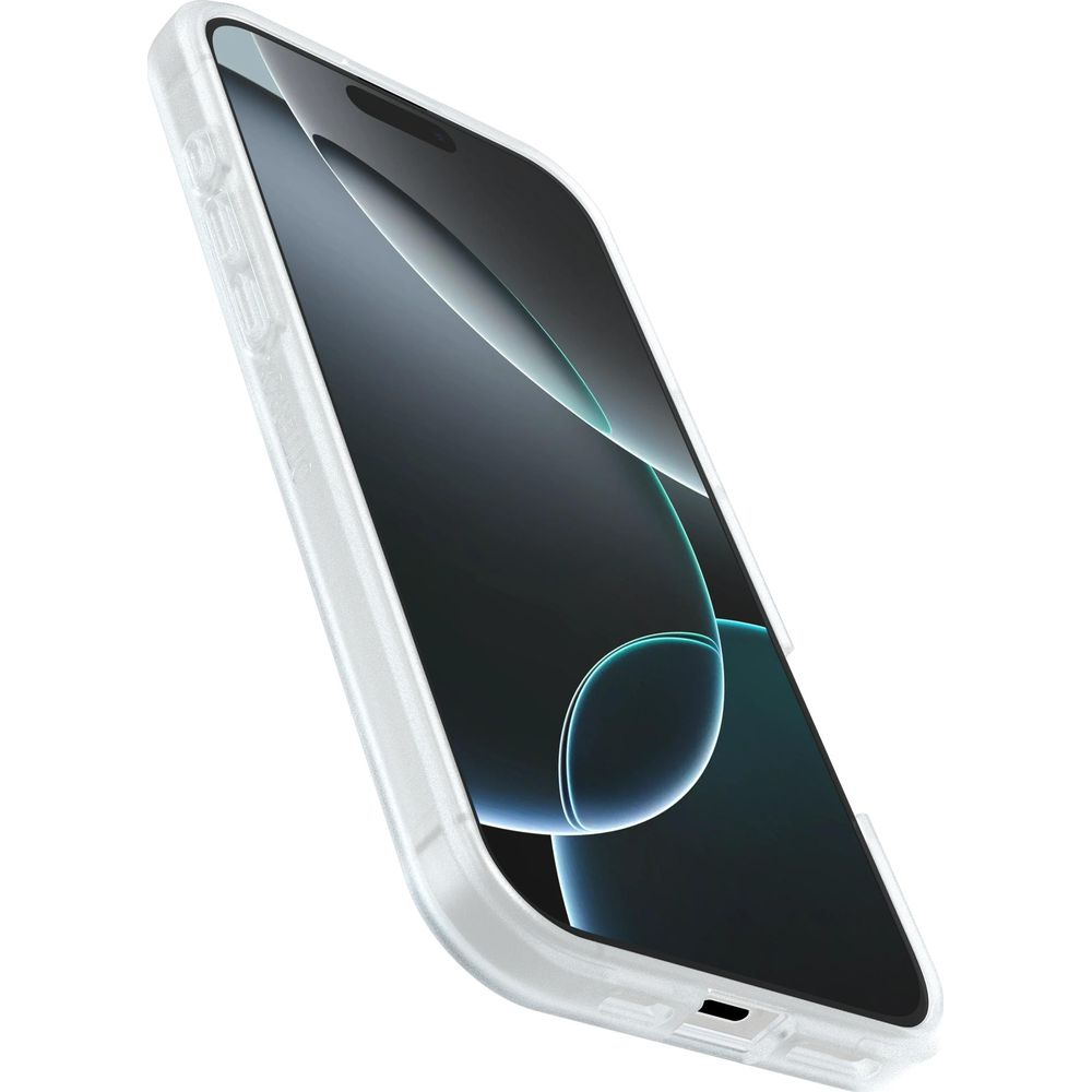 Coque transparente pour iPhone avec boutons argentés sur fond blanc.