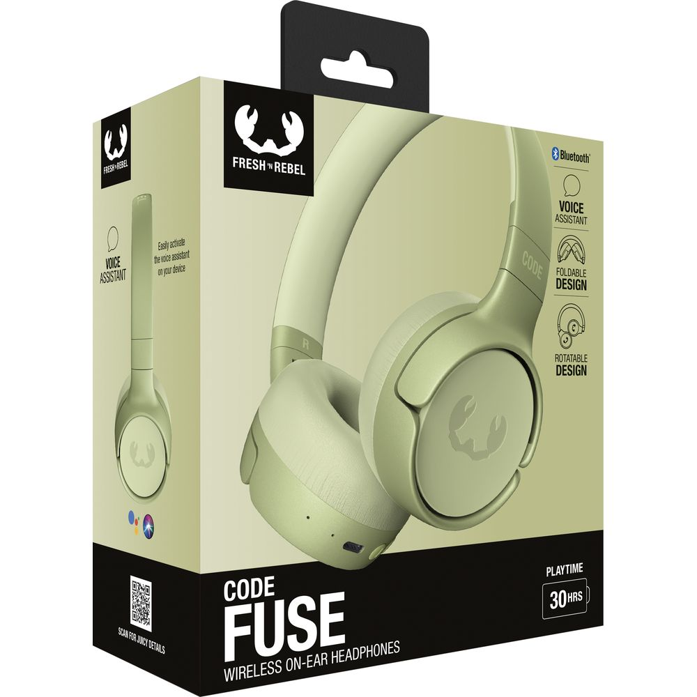 Grüne Fresh 'n Rebel CODE FUSE Kopfhörer mit Voice Assistant Funktion auf der Verpackung.
