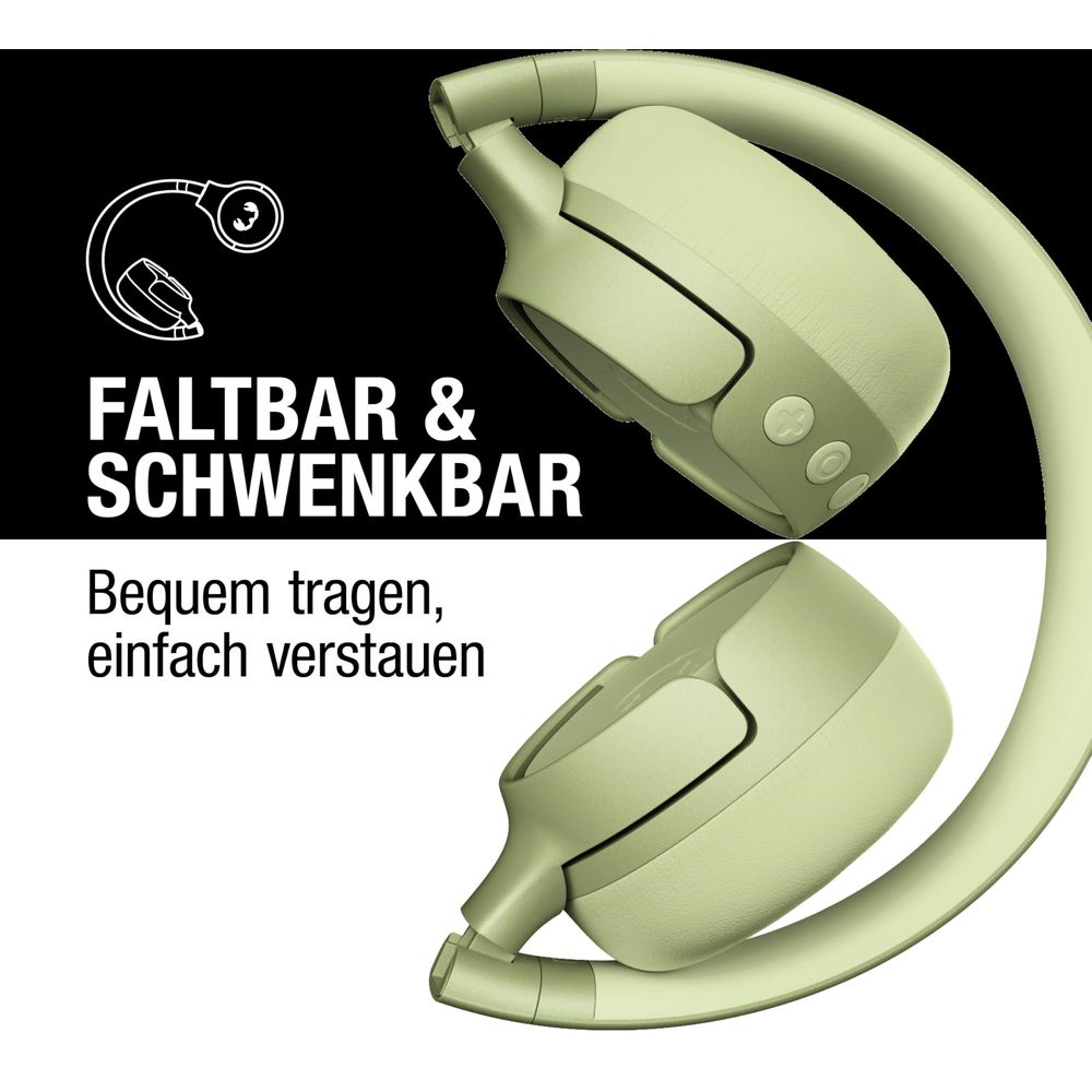 Hellgrüne faltbare Kopfhörer mit Bedienelementen und Text.