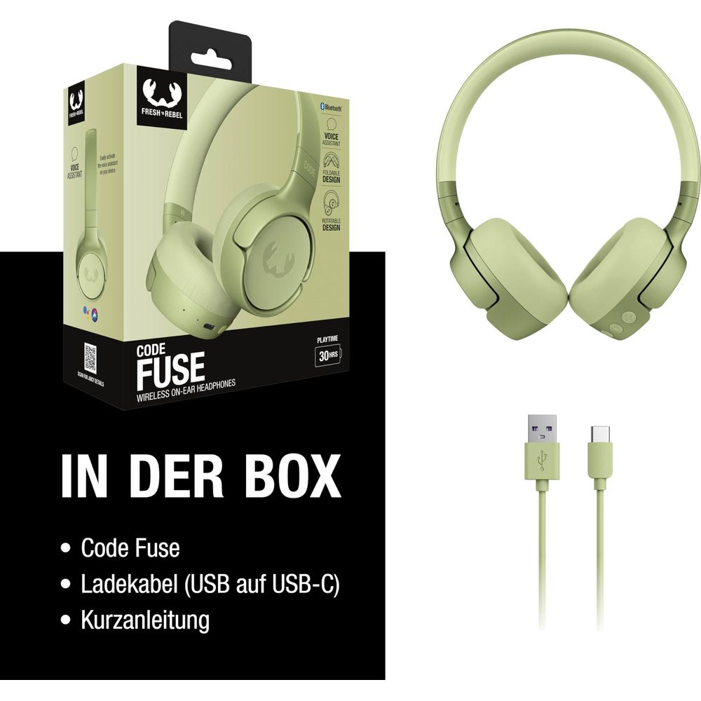 Grüne kabellose Kopfhörer mit Verpackung, Kabel und Anleitung.