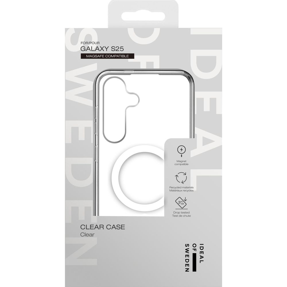 Transparente Hülle für Galaxy S25, MagSafe-kompatibel, aus recycelten Materialien.
