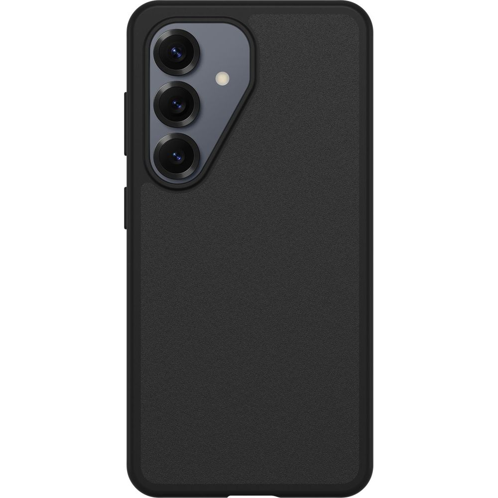 Zwarte telefoonhoes met drie cameralenzen en flitser in het bovengedeelte.
