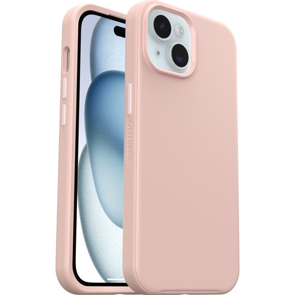 Een roze iPhone in een Otterbox hoesje tegen een witte achtergrond.