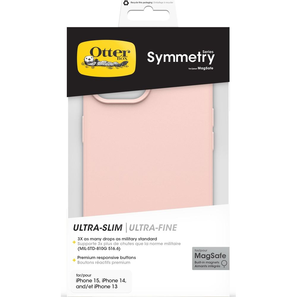 Roze OtterBox Symmetry hoesje voor iPhone 15/14/13, MagSafe compatibel.