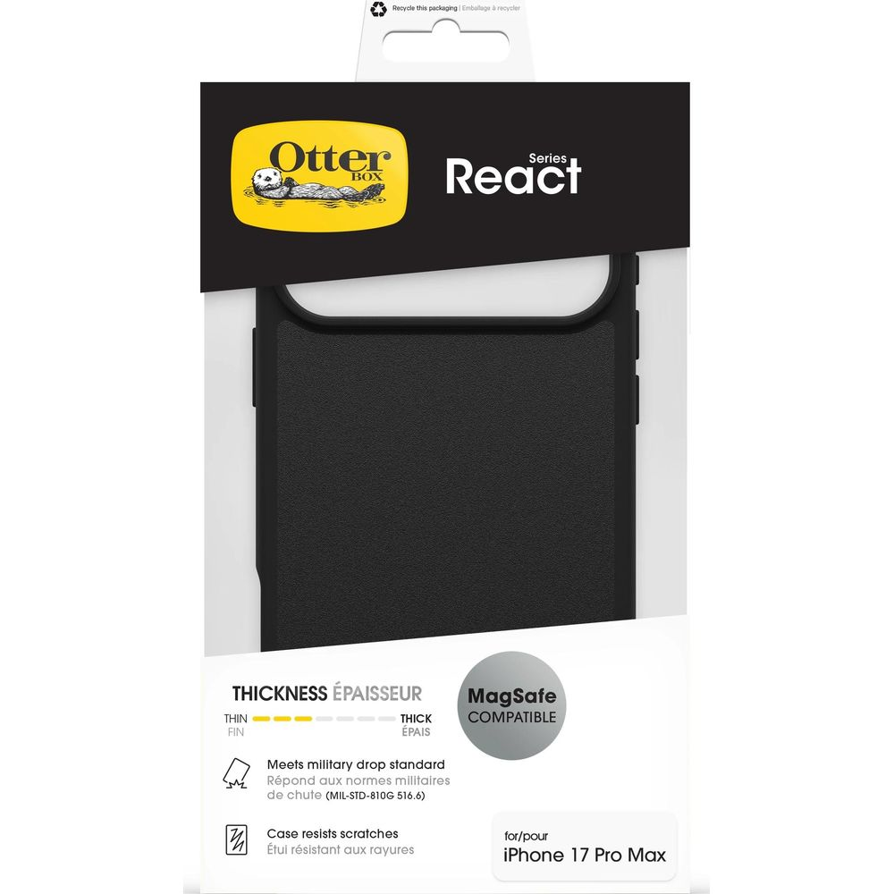 Schwarze OtterBox React Hülle für iPhone 17 Pro Max, MagSafe kompatibel.
