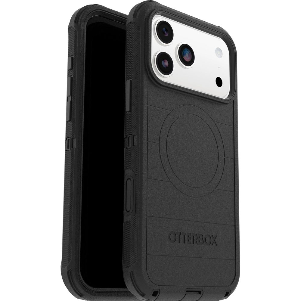 Schwarzes Otterbox-Handyhülle mit Kameraausschnitt und Ladekreis.