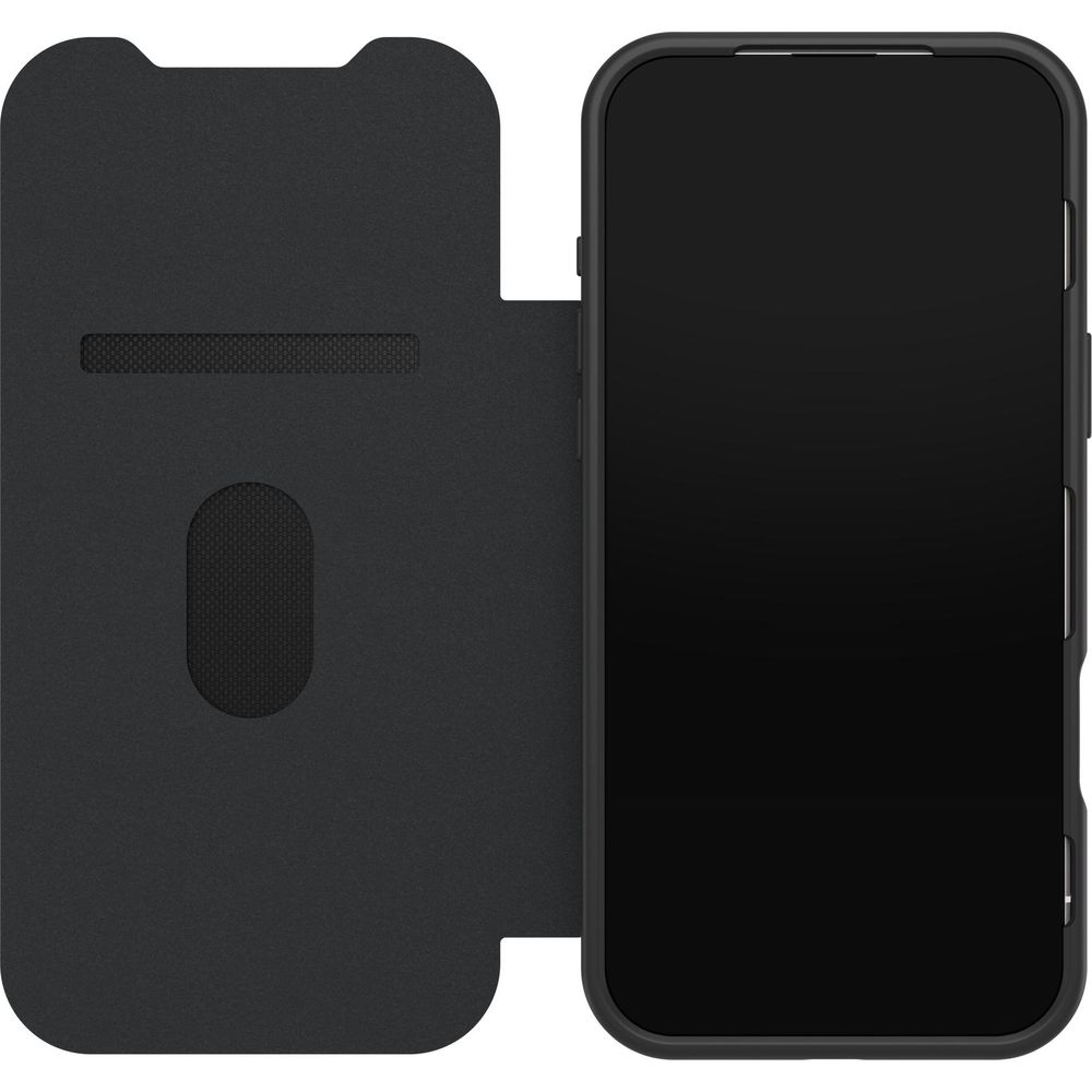 Zwarte telefoon in een zwarte hoes met flip cover.
