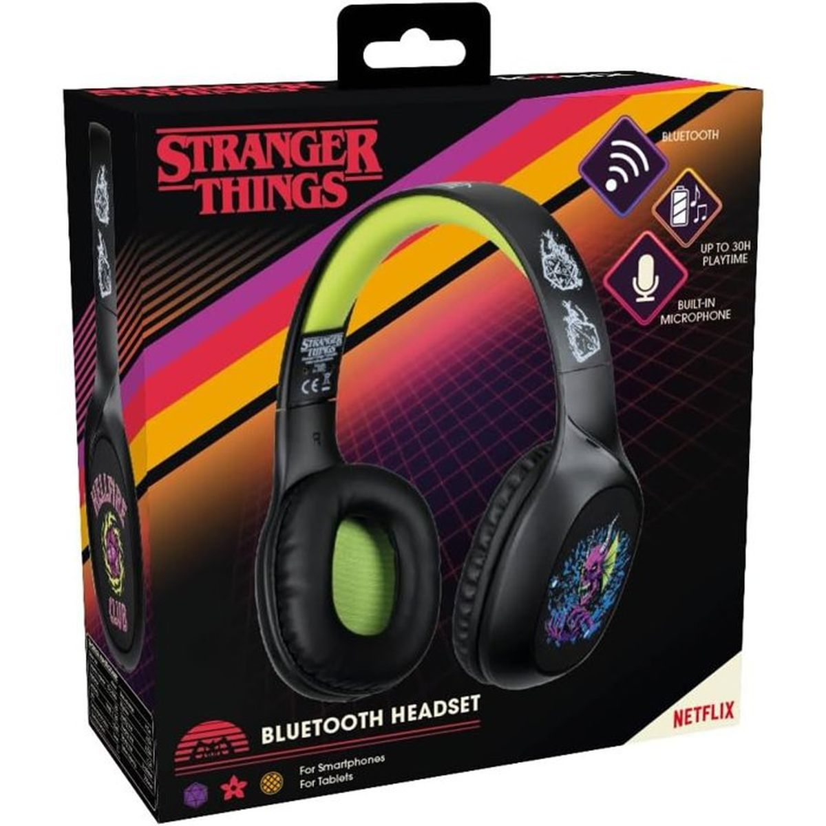 Słuchawki Bluetooth Stranger Things z neonowo-zielonymi nausznikami i mikrofonem.
