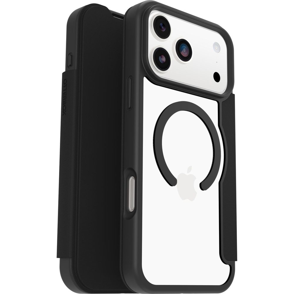 Zwarte telefoonhoes met wit Apple-logo en camera-uitsparing.