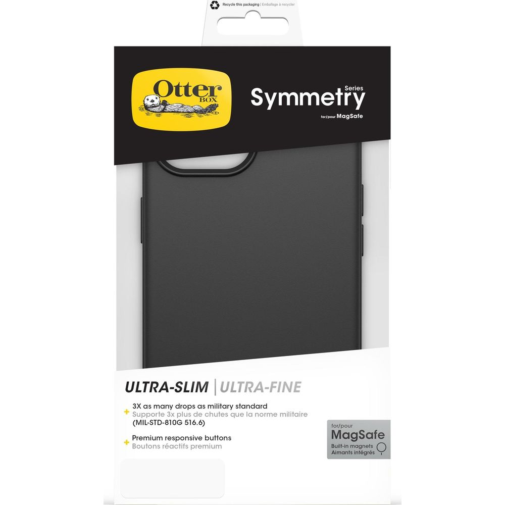 Zwarte Otterbox Symmetry hoes voor MagSafe, ultradun, valbestendig.