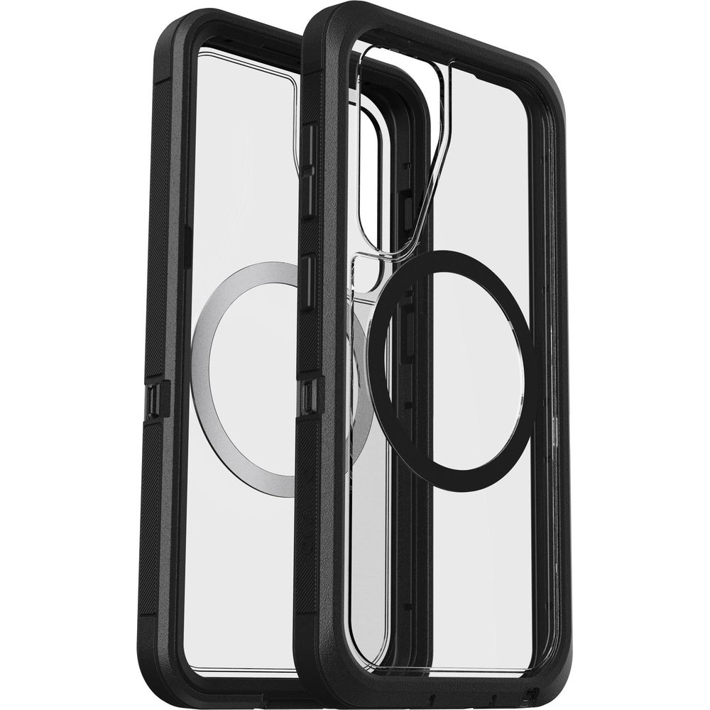 Twee zwarte telefoonhoesjes met doorzichtige achterkant en magneetring.