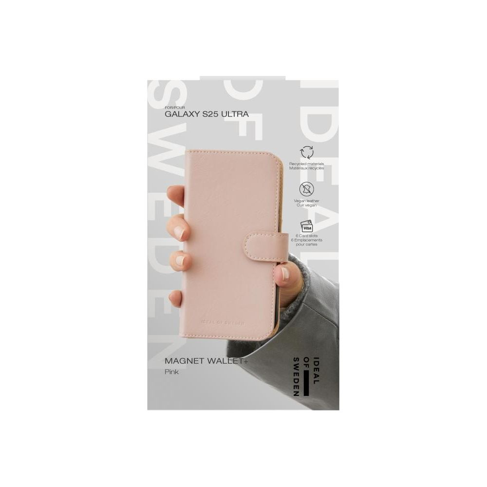 Ein rosa veganes Leder-Magnetportemonnaie für das Galaxy S25 Ultra.