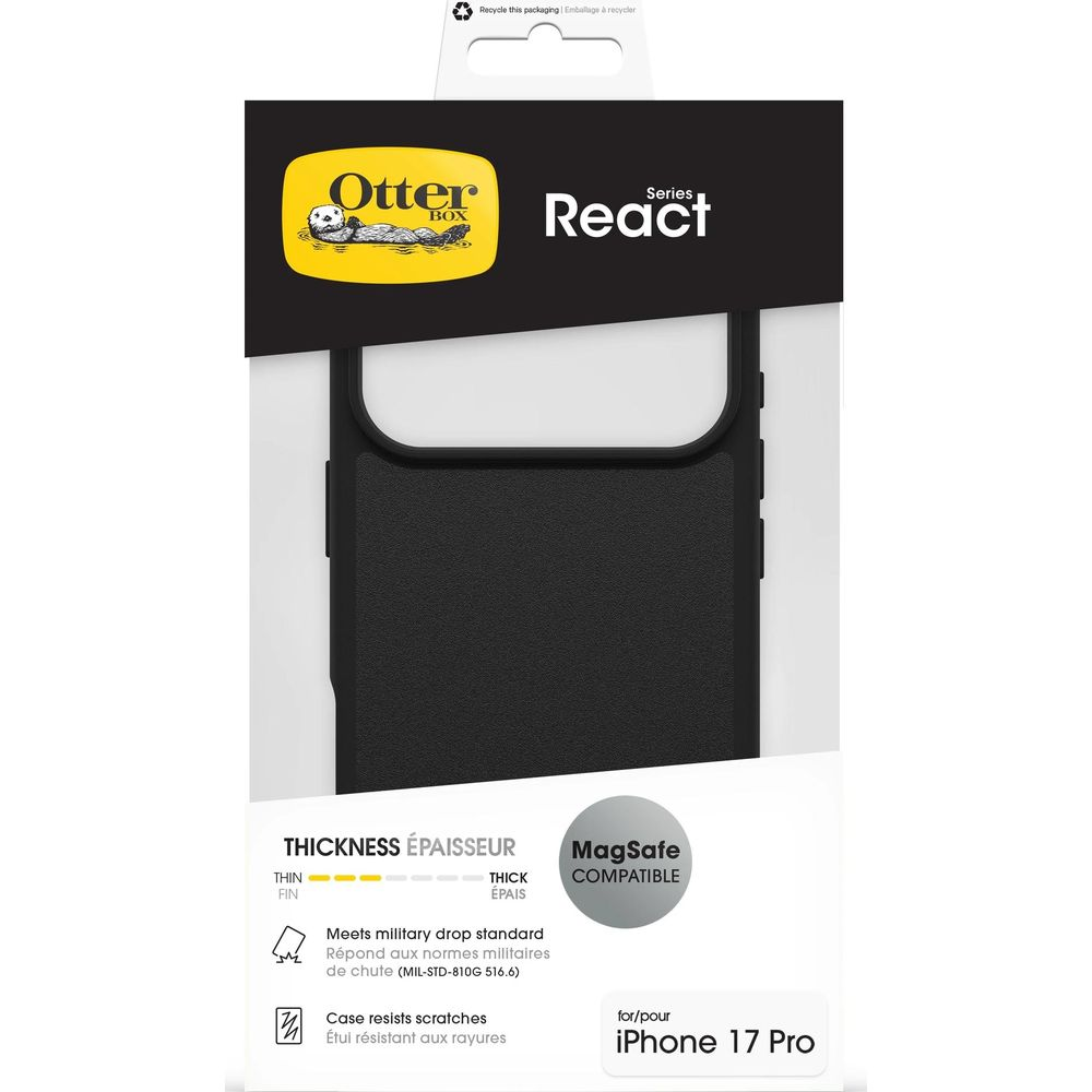 Schwarze iPhone 17 Pro Hülle von OtterBox React Serie, MagSafe kompatibel.