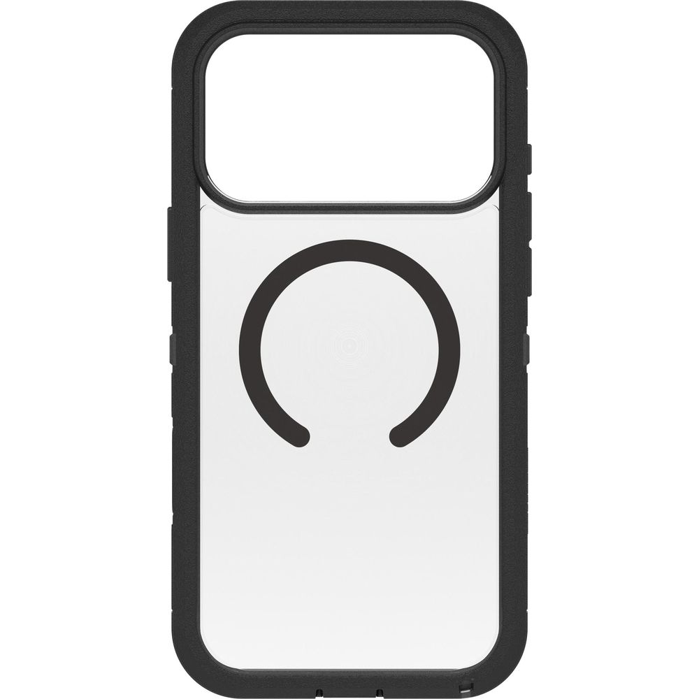 Zwarte telefoonhoes met doorzichtige achterkant en zwarte cirkel.