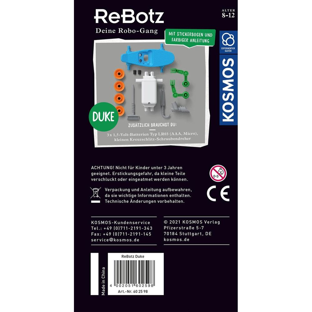 Kit ReBotz avec pièces de robot; nécessite piles et outils.