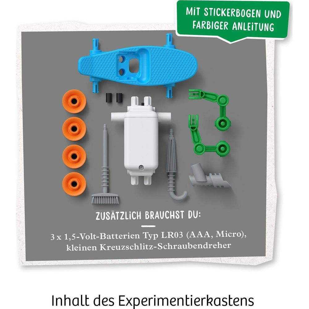 Contenu de la boîte d'expériences avec instructions et autocollants.