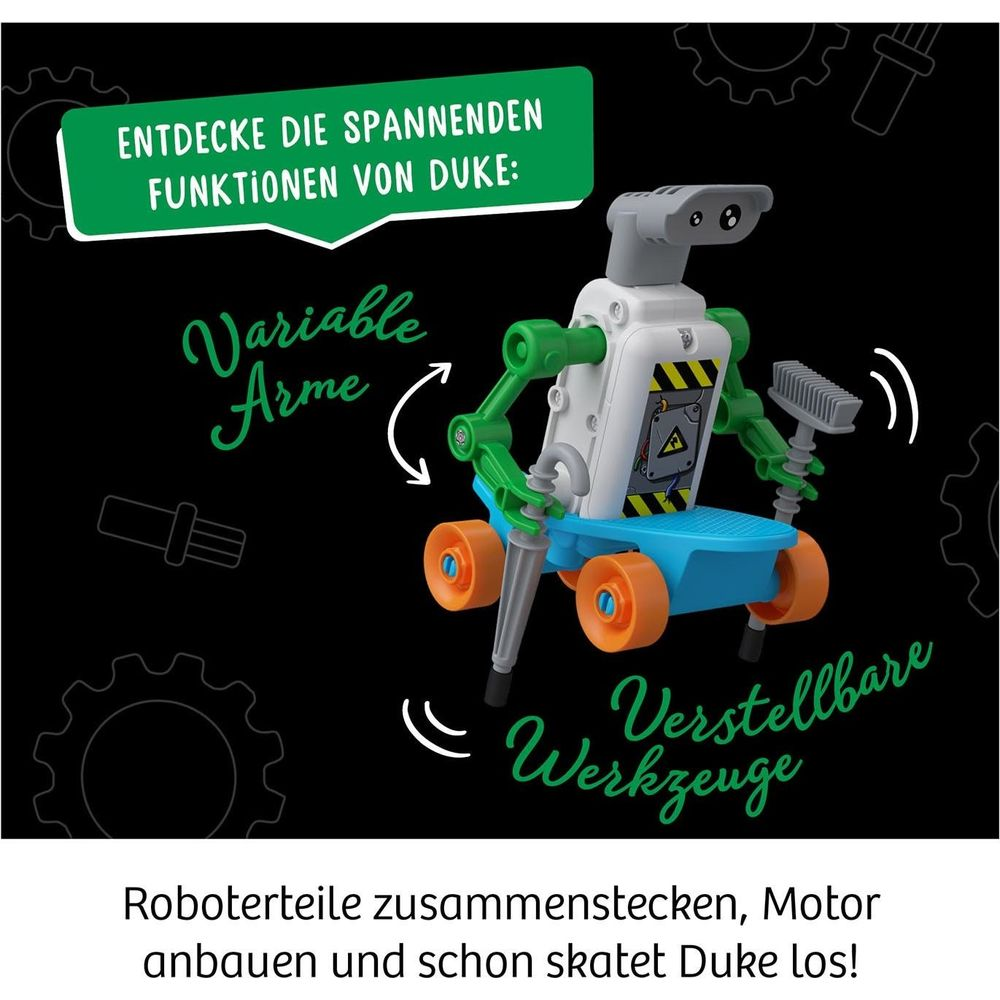 Un robot coloré avec des roues, des bras mobiles et des outils sur fond noir.