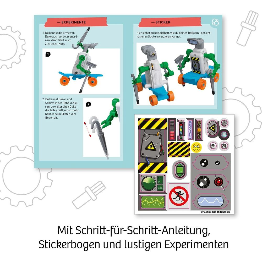 Instructions de construction de robot avec expériences et autocollants.