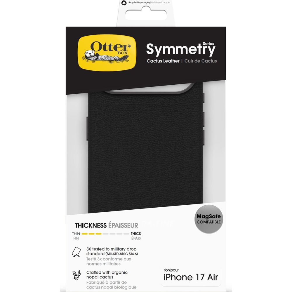 Coque noire Otter Symmetry pour iPhone 17 Air avec texture cuir de cactus. Compatible MagSafe.