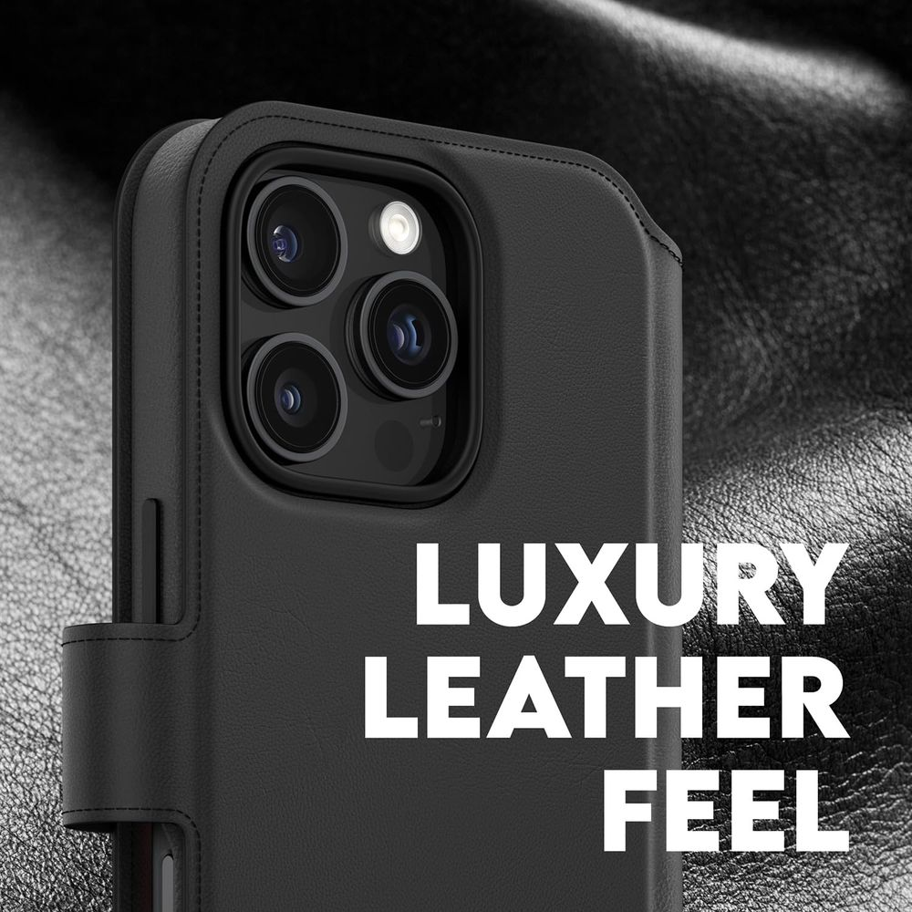 Schwarzes Leder-Handycover mit Kameraobjektiven und Text.
