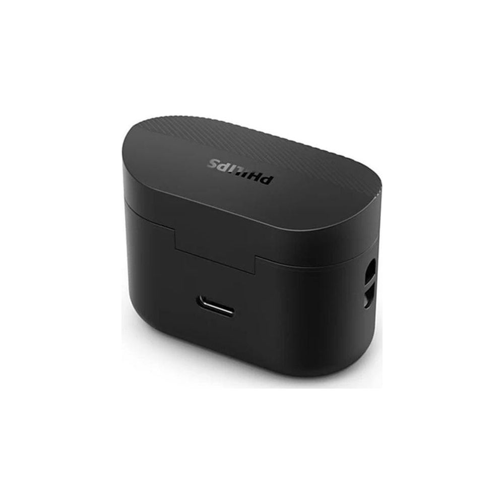 Czarne etui ładujące do słuchawek bezprzewodowych z logo Phillips.