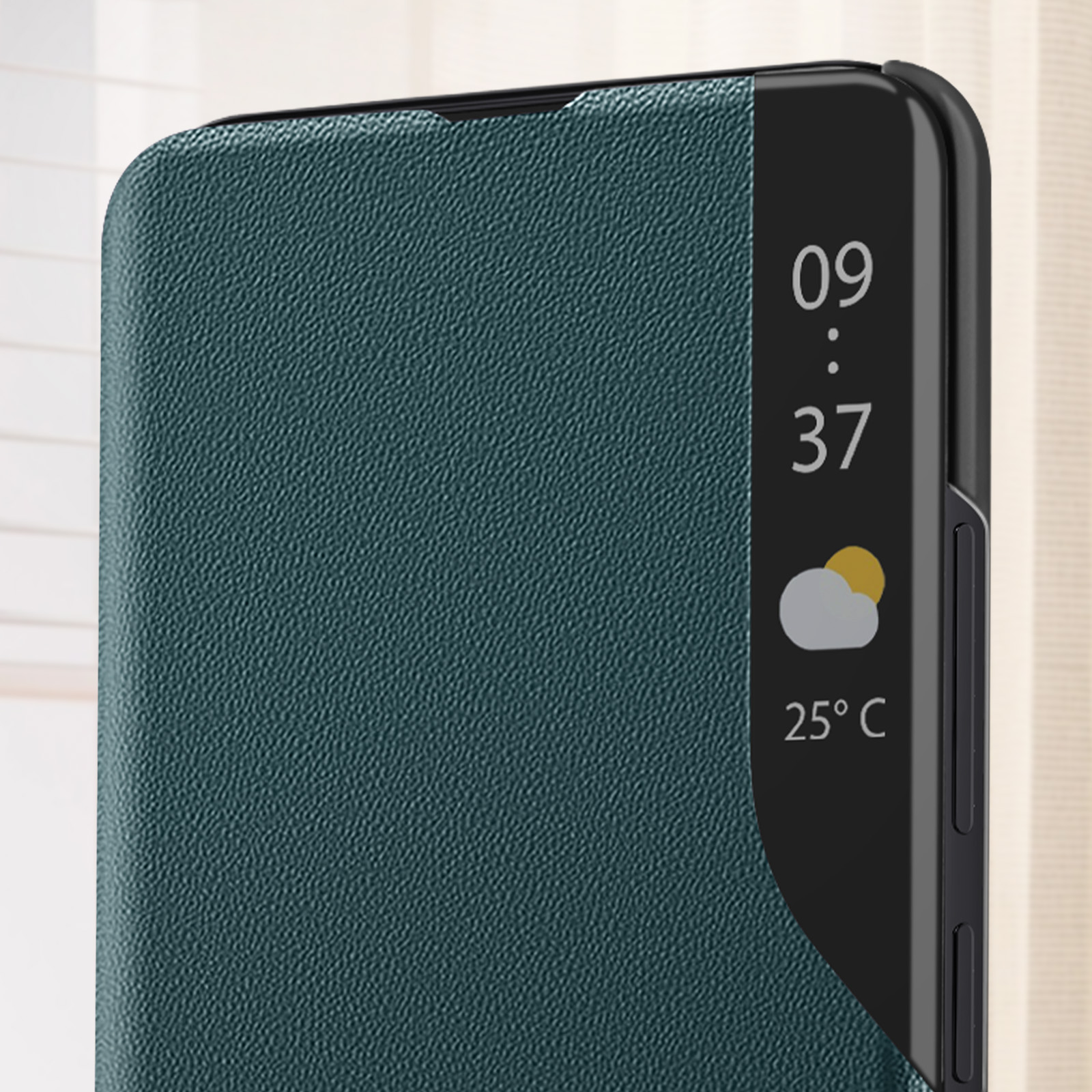 Custodia per telefono verde scuro con finestra. Mostra ora e meteo.