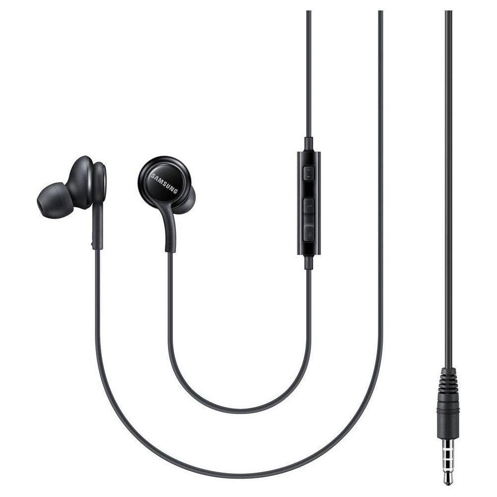 Schwarze Samsung-Kopfhörer mit Fernbedienung und Klinkenstecker.