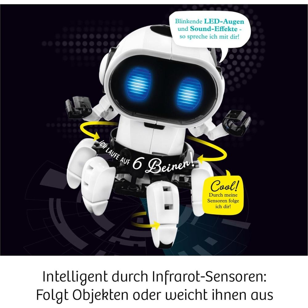 Biały robot z niebieskimi oczami LED i sześcioma nogami.