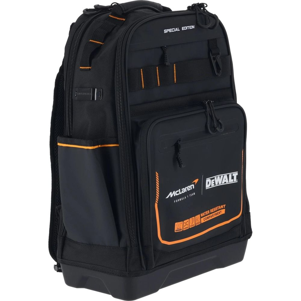 Turuncu vurgular, McLaren ve DeWalt logolu siyah sırt çantası. Özel Sürüm.