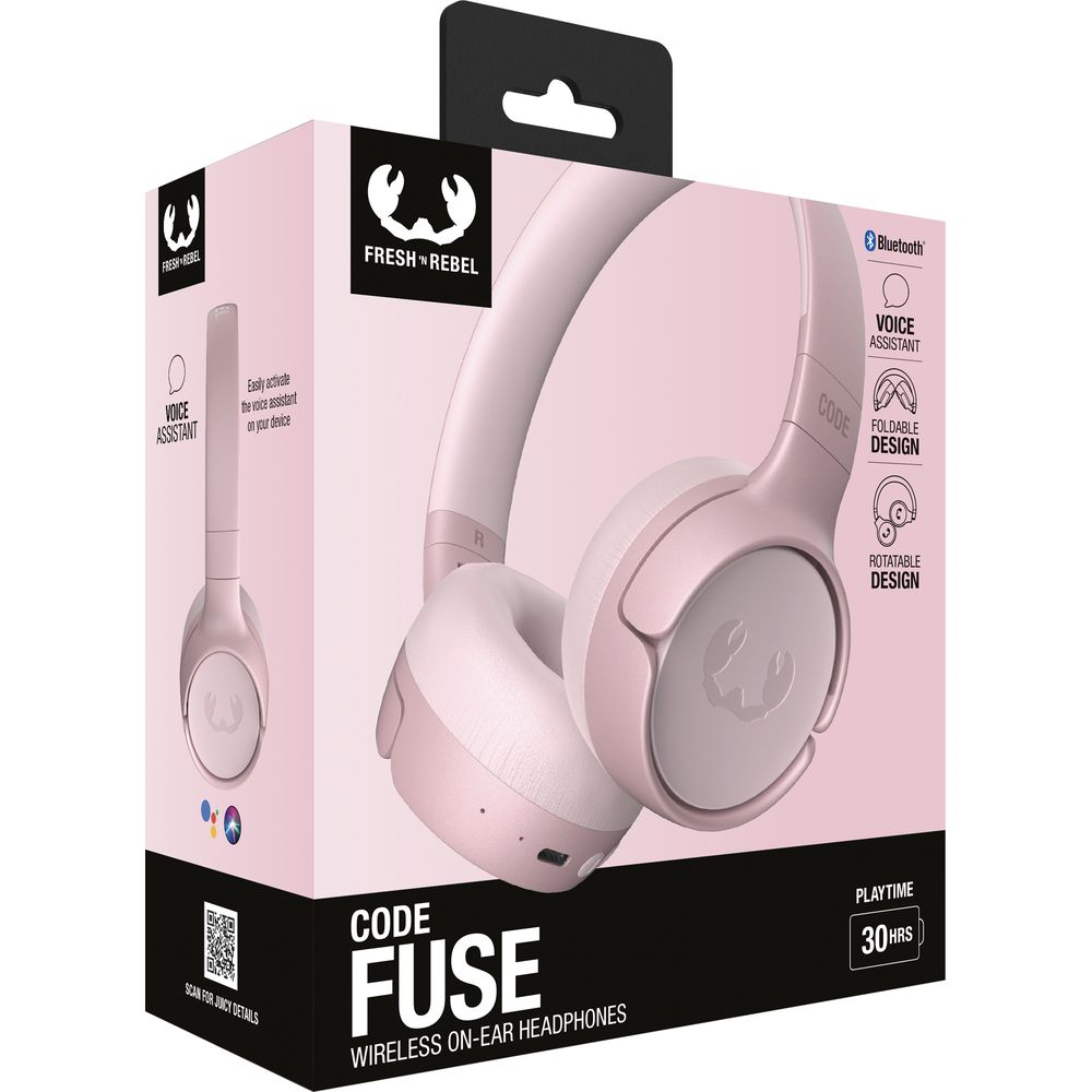 Verpackung für rosafarbene Fresh 'n Rebel Fuse Kopfhörer mit Bluetooth.