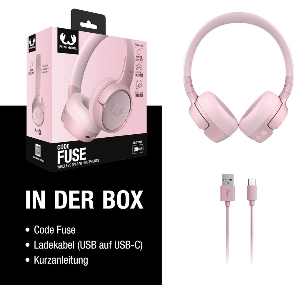 Rosa "Code Fuse" Kopfhörer mit Verpackung und Ladekabel.