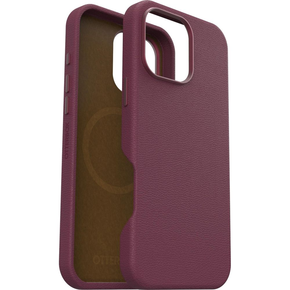 Une coque de téléphone en cuir bordeaux avec une doublure intérieure marron.
