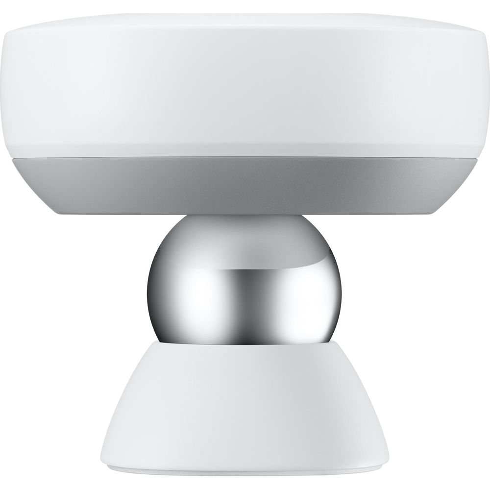 Un objet blanc et gris avec une sphère argentée au milieu.
