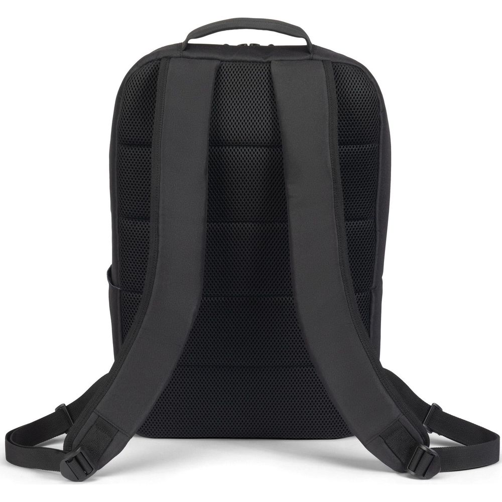 Zaino nero con spallacci imbottiti e pannello posteriore in rete traspirante.