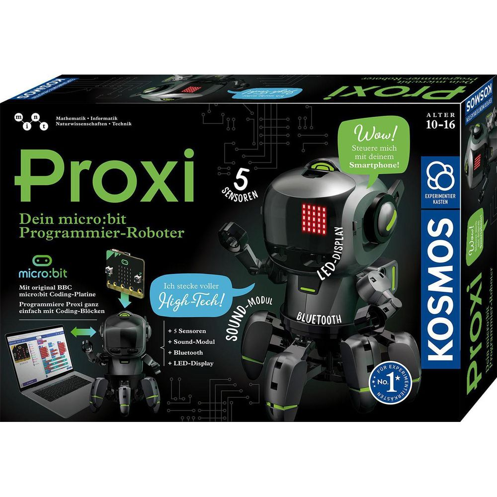Verpackung des Proxi-Roboters mit micro:bit, Sensoren, LED-Display und Bluetooth.