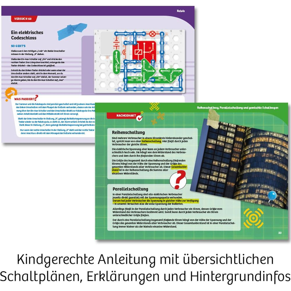 Ein Schaltplan zeigt eine Reihen- und Parallelschaltung mit Bauteilen und Text.