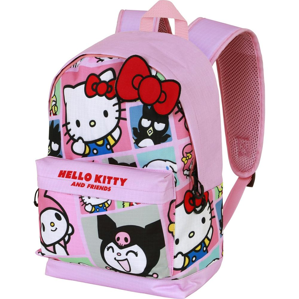 Una mochila rosa con estampado de Hello Kitty y Amigos.